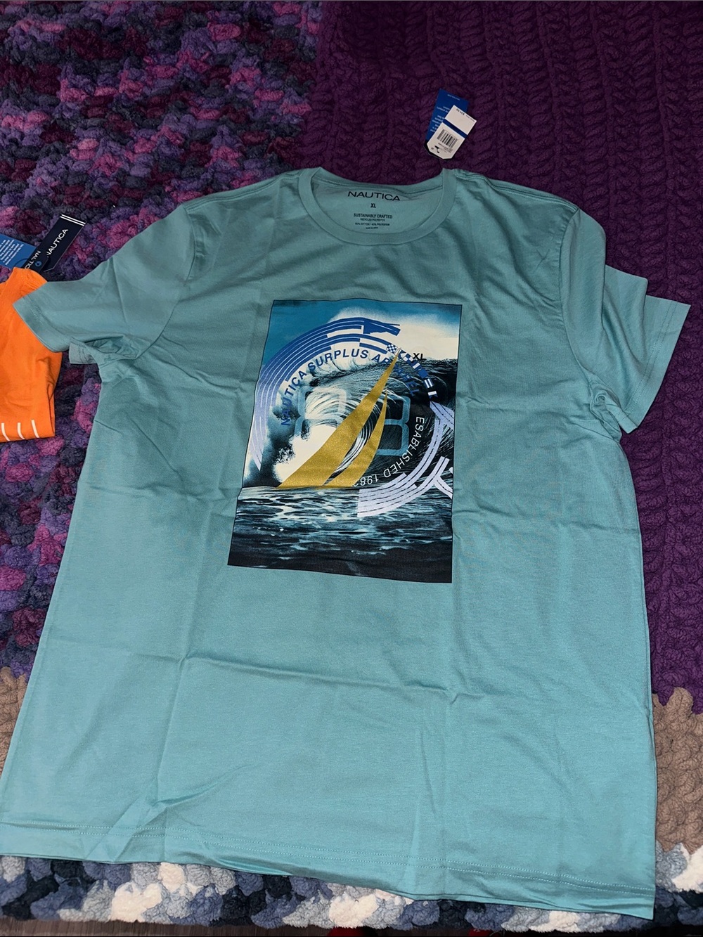 Nautica Men's Sea Graphic Tee - Light Teal with Yellow Accent